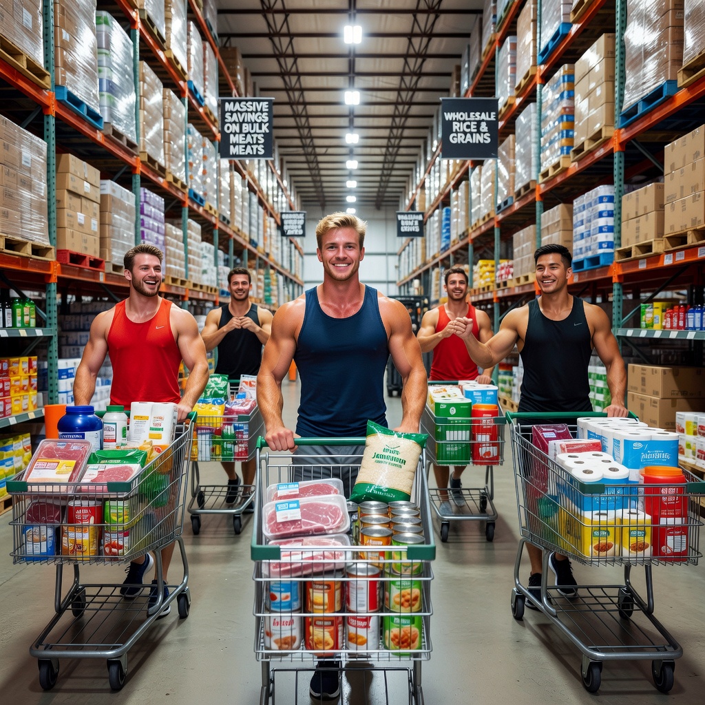 Brody Tate leading a group bulk shopping haul at a warehouse club with carts overflowing and friends loading up