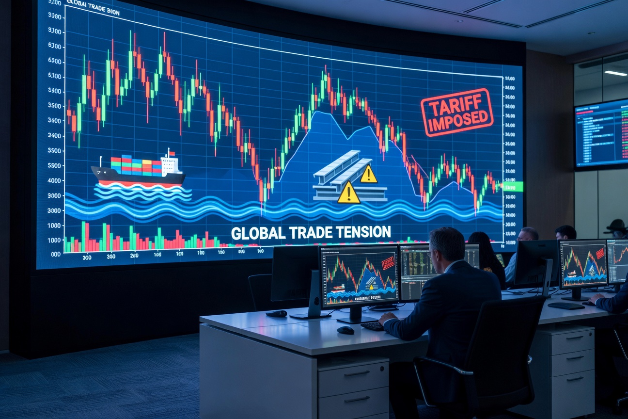 Stock market charts displaying volatility with tariff icons overlayed