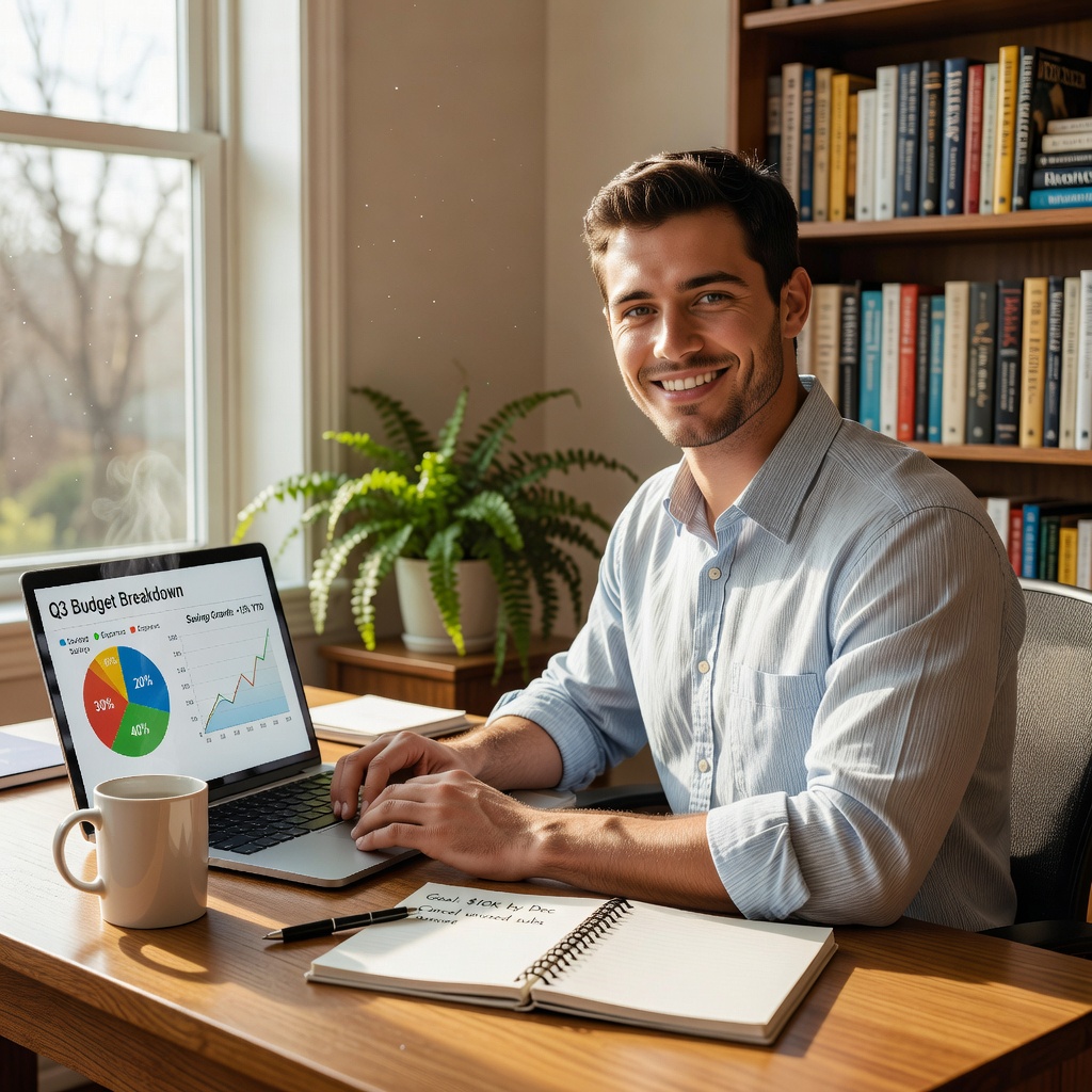 Young White man reviewing budget on laptop with charts