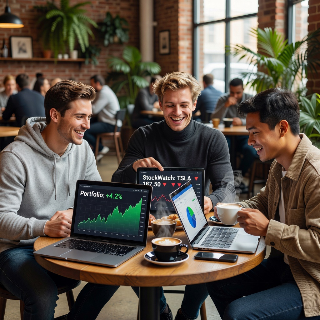 Group of young Asian and White men discussing investments in a cafe