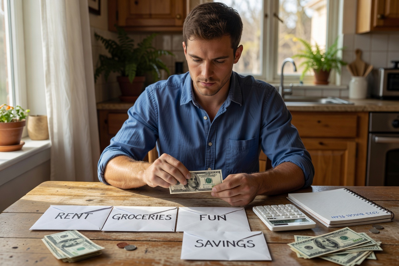 Young man organizing budget envelopes on a table with cash and bills scattered around, focused and determined expression