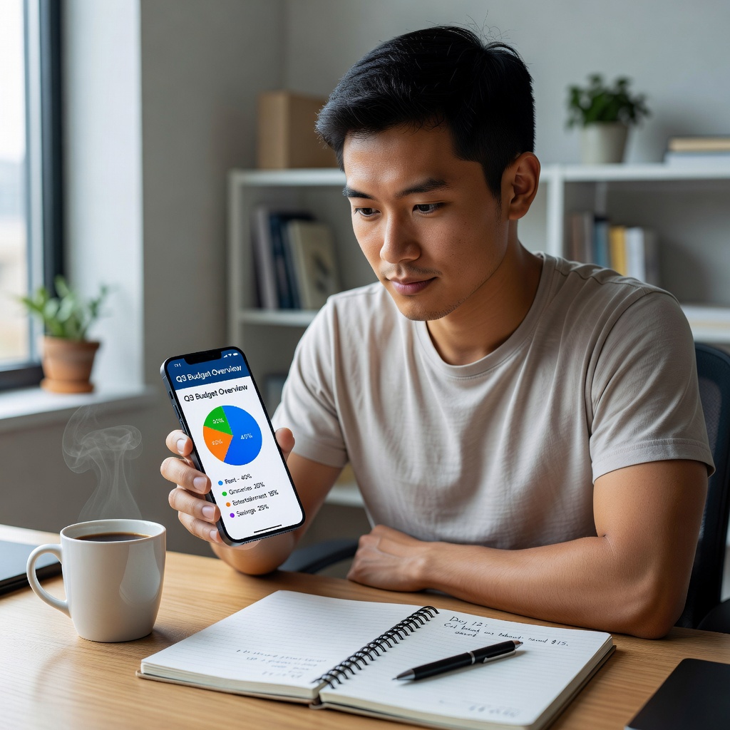 Young Asian man reviewing budget on smartphone app with charts showing income and expenses, sitting casually at desk