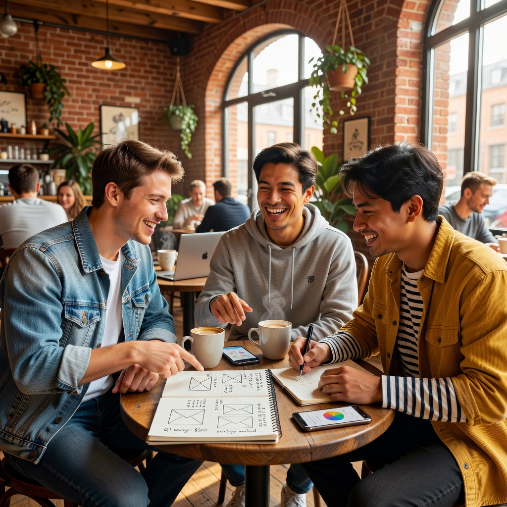 Group of young White and Asian men at a cafe table discussing budgets over coffee, laughing and pointing at notebook