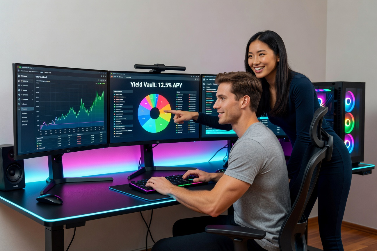 Young white male investor in home office excitedly reviewing restaking yields on multiple screens, with cheerful Asian girlfriend leaning in smilingly