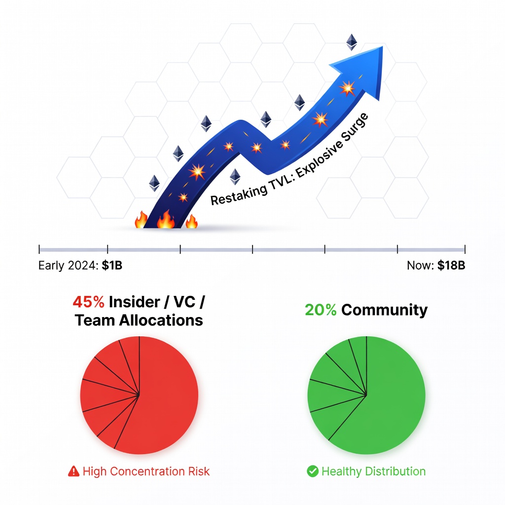 Dynamic chart illustrating restaking TVL growth exploding from $1B to $18B in 2024, overlaid with insider token allocation pies