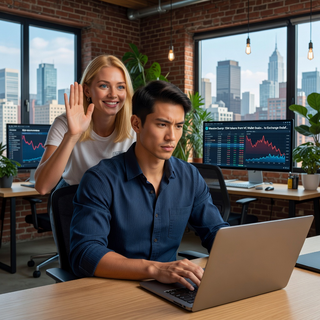 Healthy Asian man in 20s, sharp-suited, examining on-chain wallet dumps on laptop, girlfriend high-fiving him victoriously