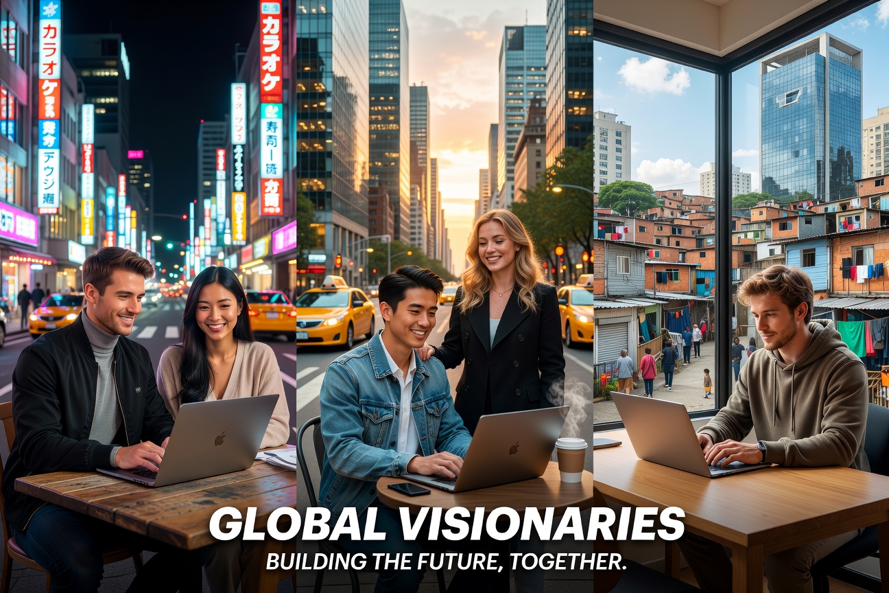Collage of young professionals in urban settings from Tokyo, New York, and São Paulo, working on laptops with city skylines.