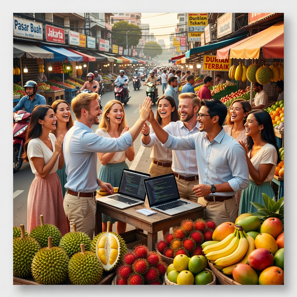 Group of healthy White and Asian young men in a vibrant Asian city market, laptops open, smiling with cheerful girlfriends, negotiating freelance deals.
