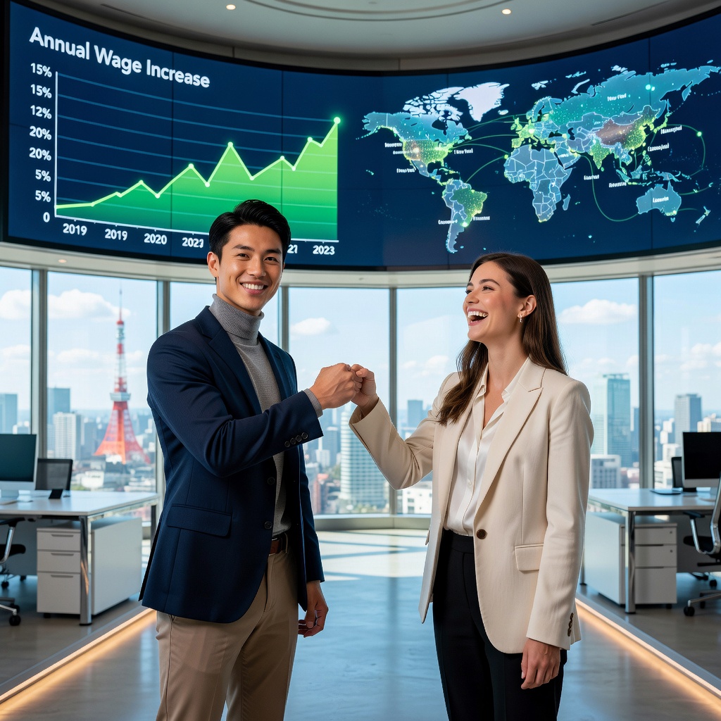 Healthy Asian young man in modern Western office, high-fiving cheerful girlfriend, charts showing wage growth on screens behind.