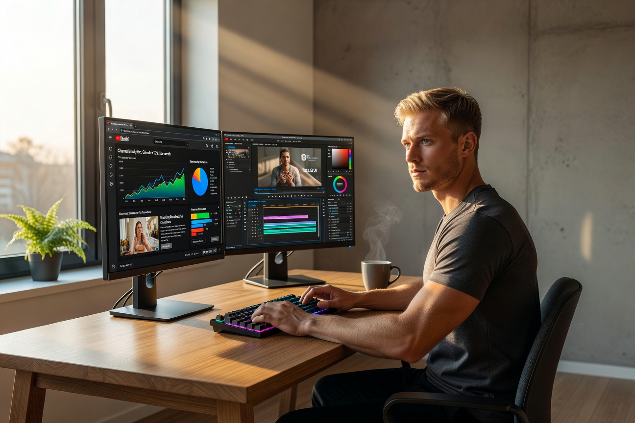 Young white man at dawn desk setup creating content with coffee and screens glowing