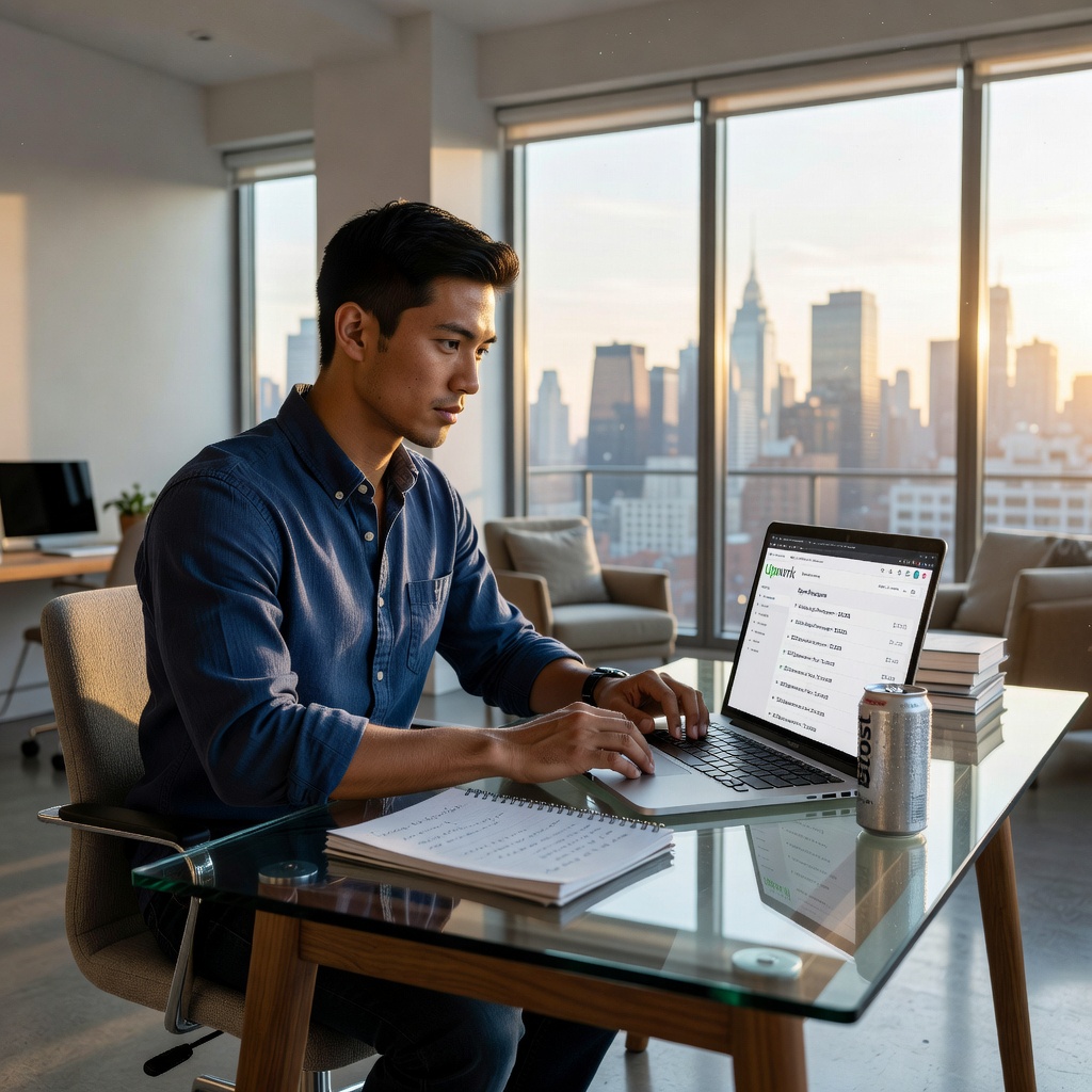 Confident Asian man in home office reviewing freelance proposals on laptop with city skyline view