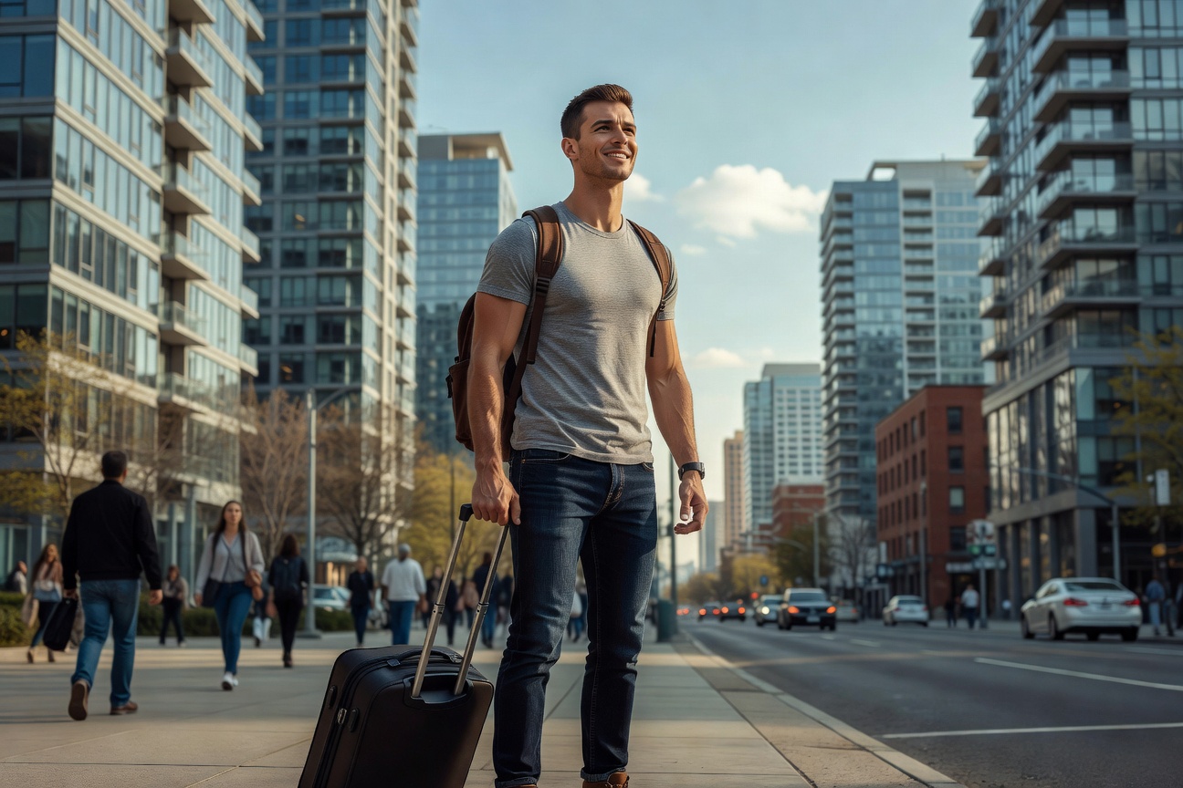 Young healthy White man arriving in bustling city with suitcase, skyline behind