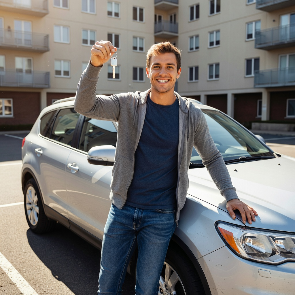 Healthy White young man grinning beside shiny used SUV in parking lot, keys in hand