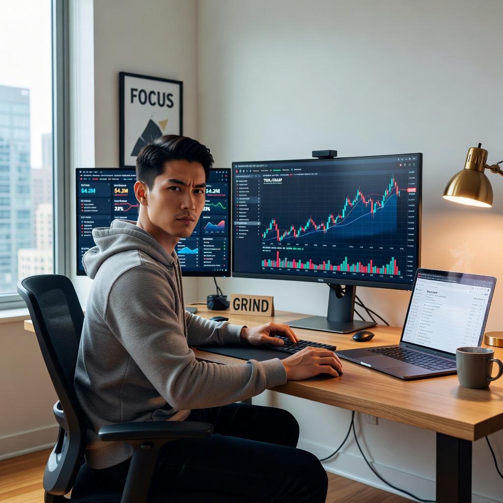 Healthy Asian young man at laptop in modest home office, charts on screen, looking determined