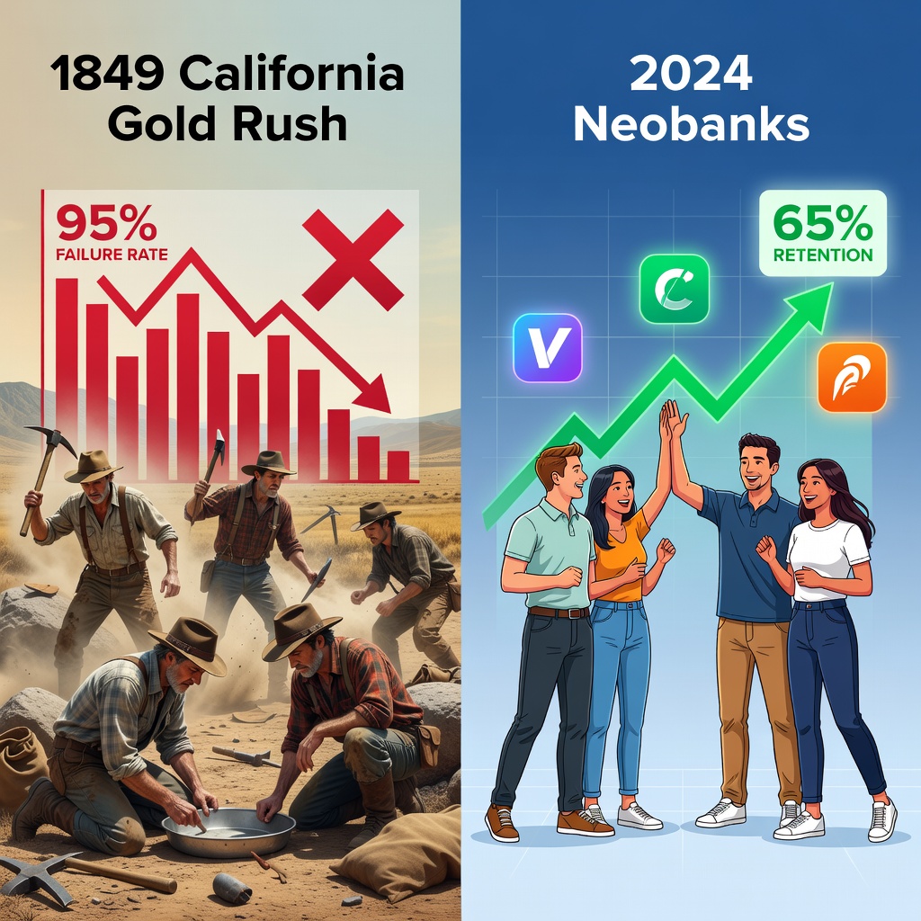 Infographic contrasting 1849 gold rush failure rates with 2024 neobank user retention stats
