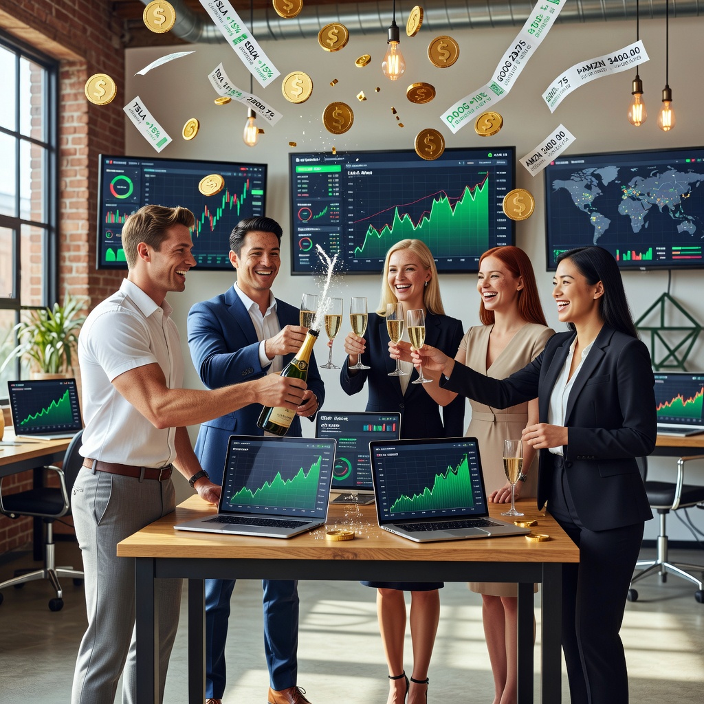 Healthy white and Asian men with girlfriends celebrating portfolio gains on fintech apps in a modern workshop