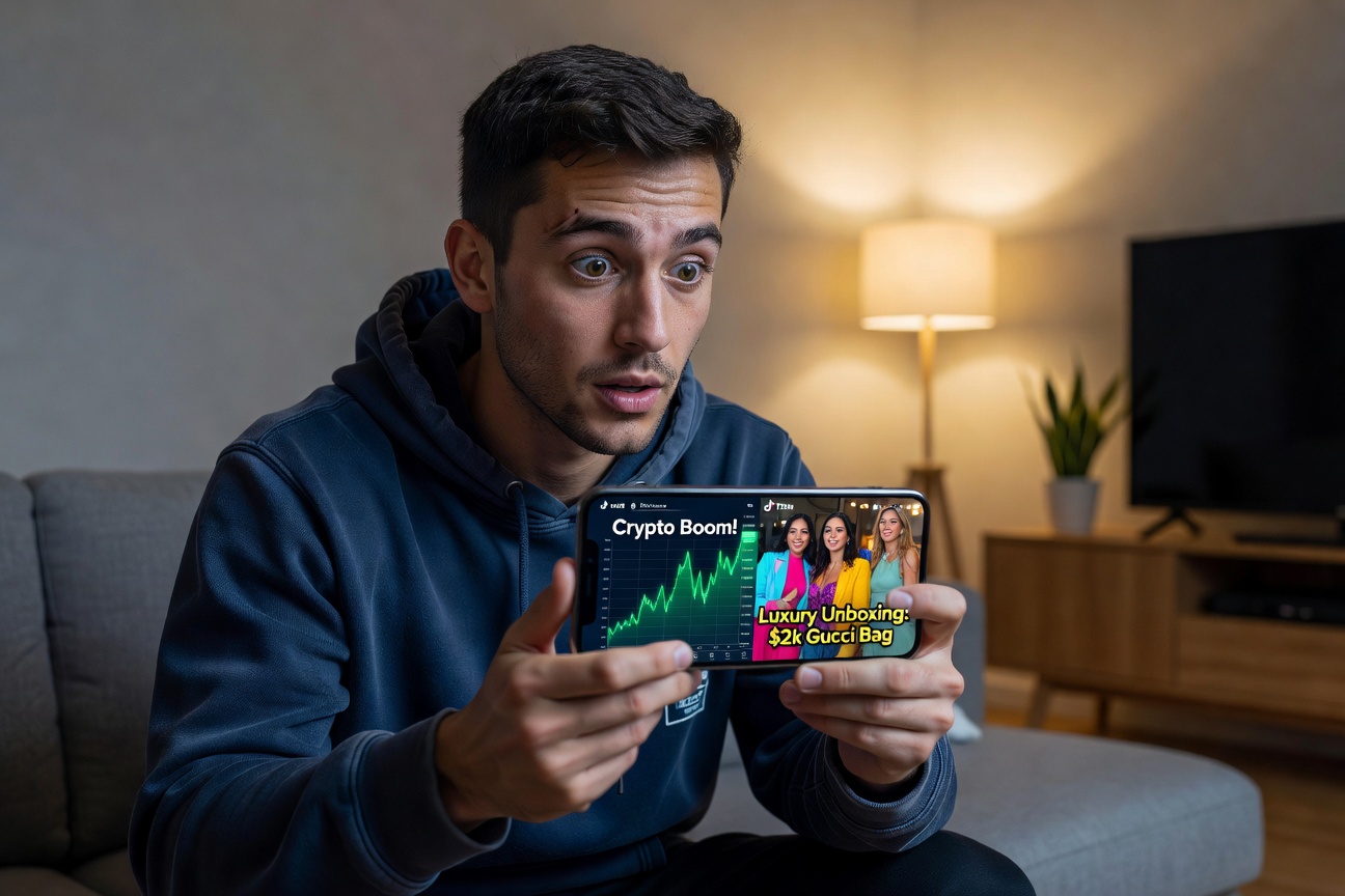 Young man staring at phone screen filled with colorful TikTok finance trend videos, expression of confusion turning to realization