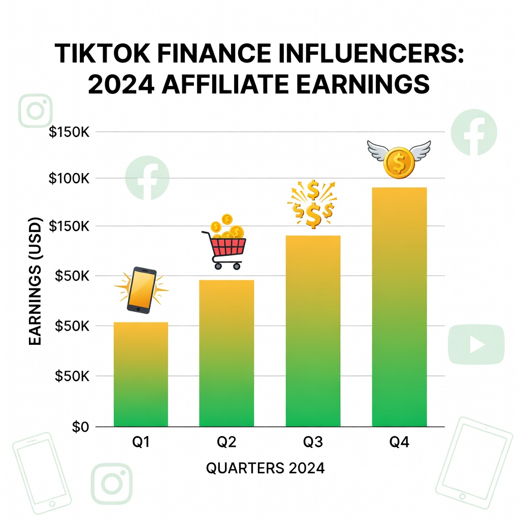 Infographic chart displaying skyrocketing affiliate earnings from finance influencers in 2024, bars climbing with TikTok views and dupe sales