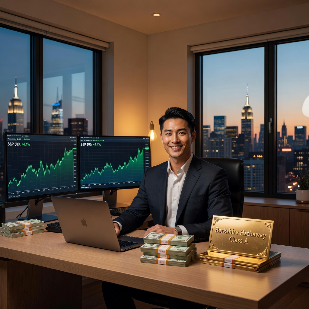 Confident Asian man in modern home office, charting investment gains on dual monitors, stack of cash and stock certificates nearby