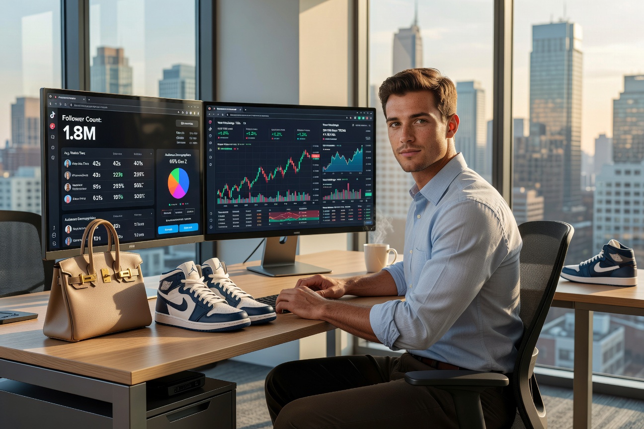 Young White entrepreneur analyzing TikTok finance trends on dual monitors, luxury dupes on desk