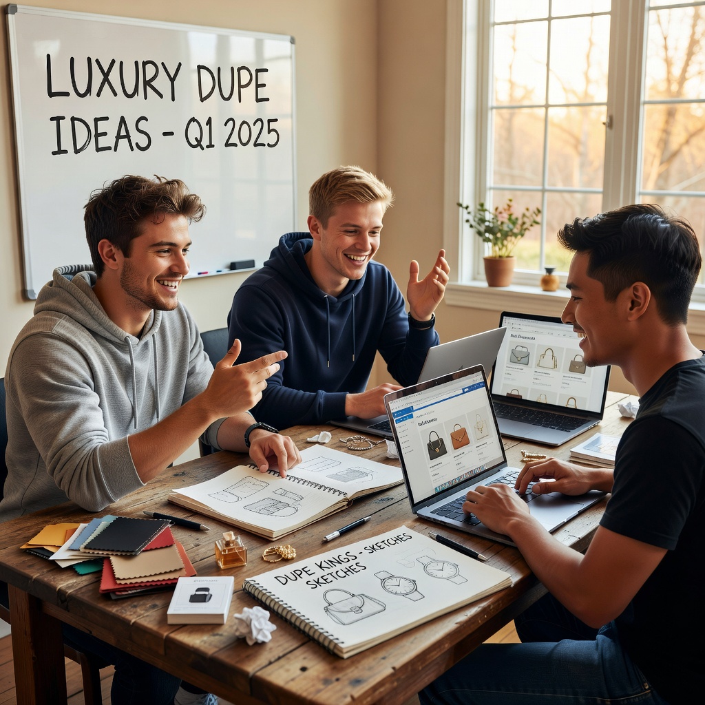 Group of healthy young White and Asian men brainstorming dupe business ideas around a table with prototypes