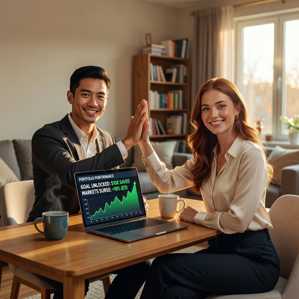 Cheerful Asian man and his good-looking White girlfriend celebrating investment milestone with charts and coffee
