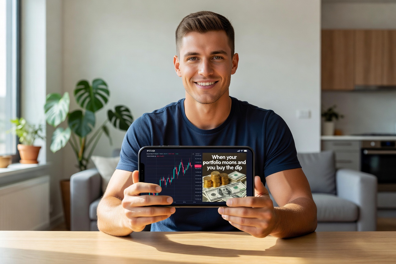 Young entrepreneur scrolling social media for finance insights