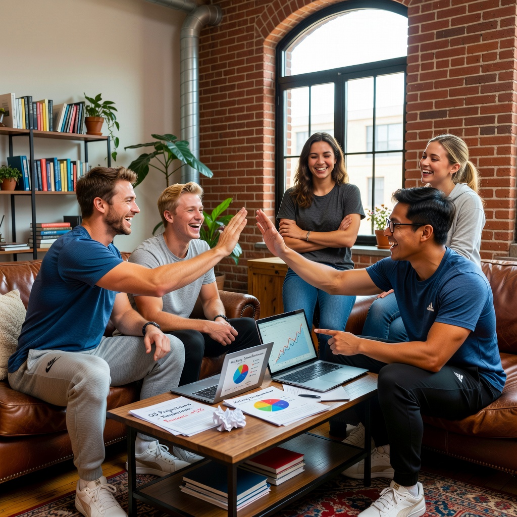 Group of young men discussing finance strategies