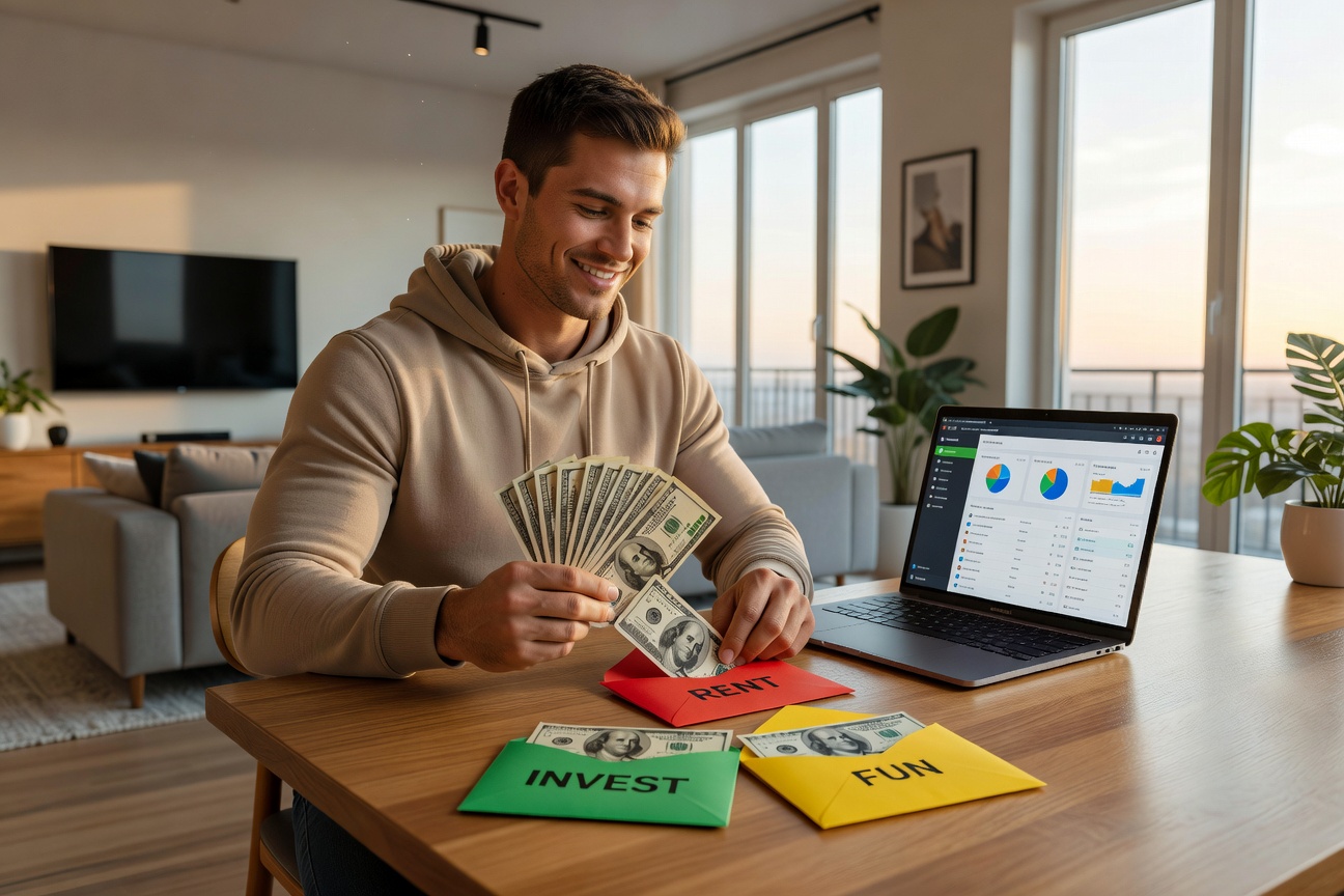 Young man in modern apartment stuffing cash into colorful envelopes labeled with expenses, smiling confidently with a laptop showing budgeting app in background.