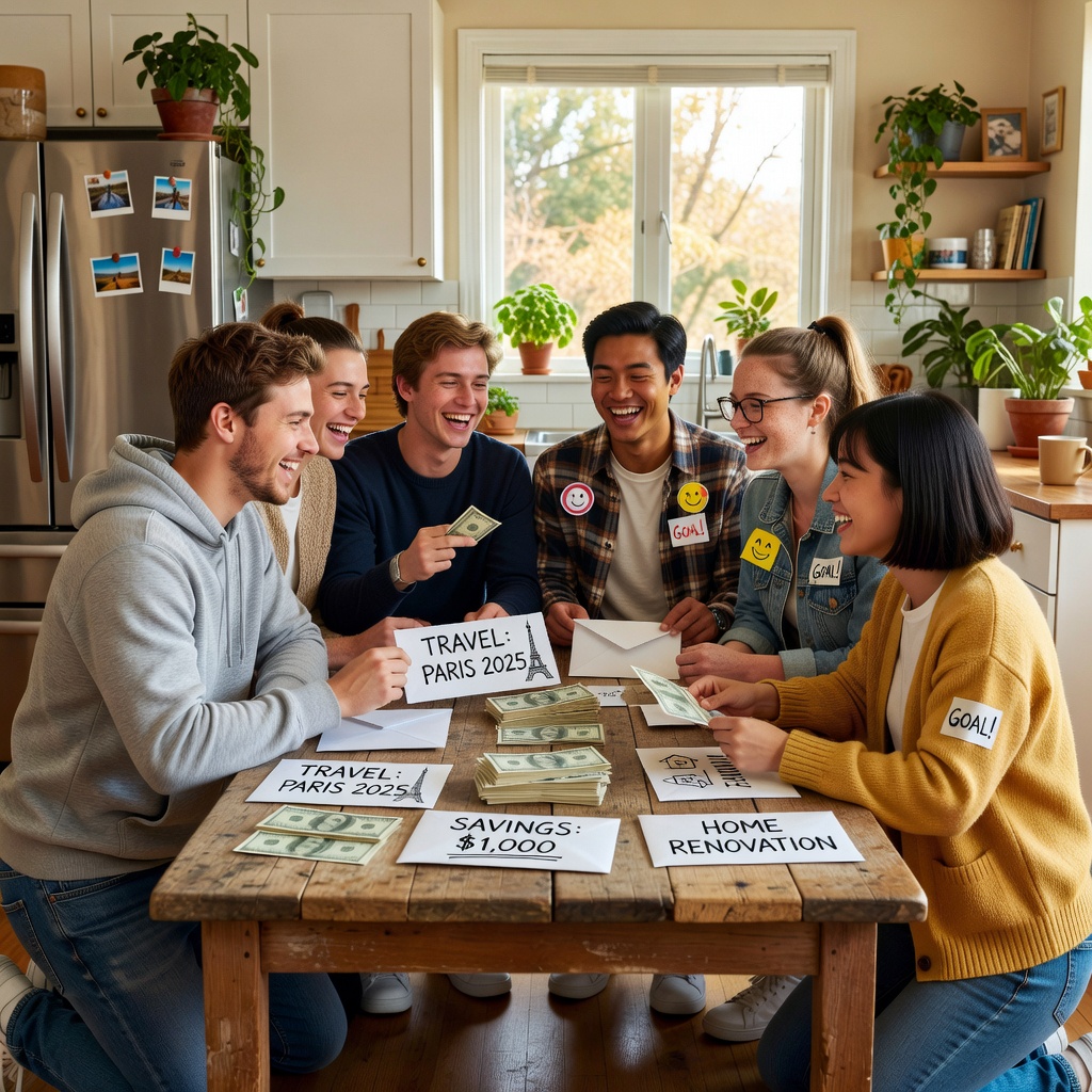 Group of healthy young White and Asian men (70% White, 30% Asian) gathered around a table, laughing while sorting cash into envelopes, with cheerful girlfriends adding playful notes.