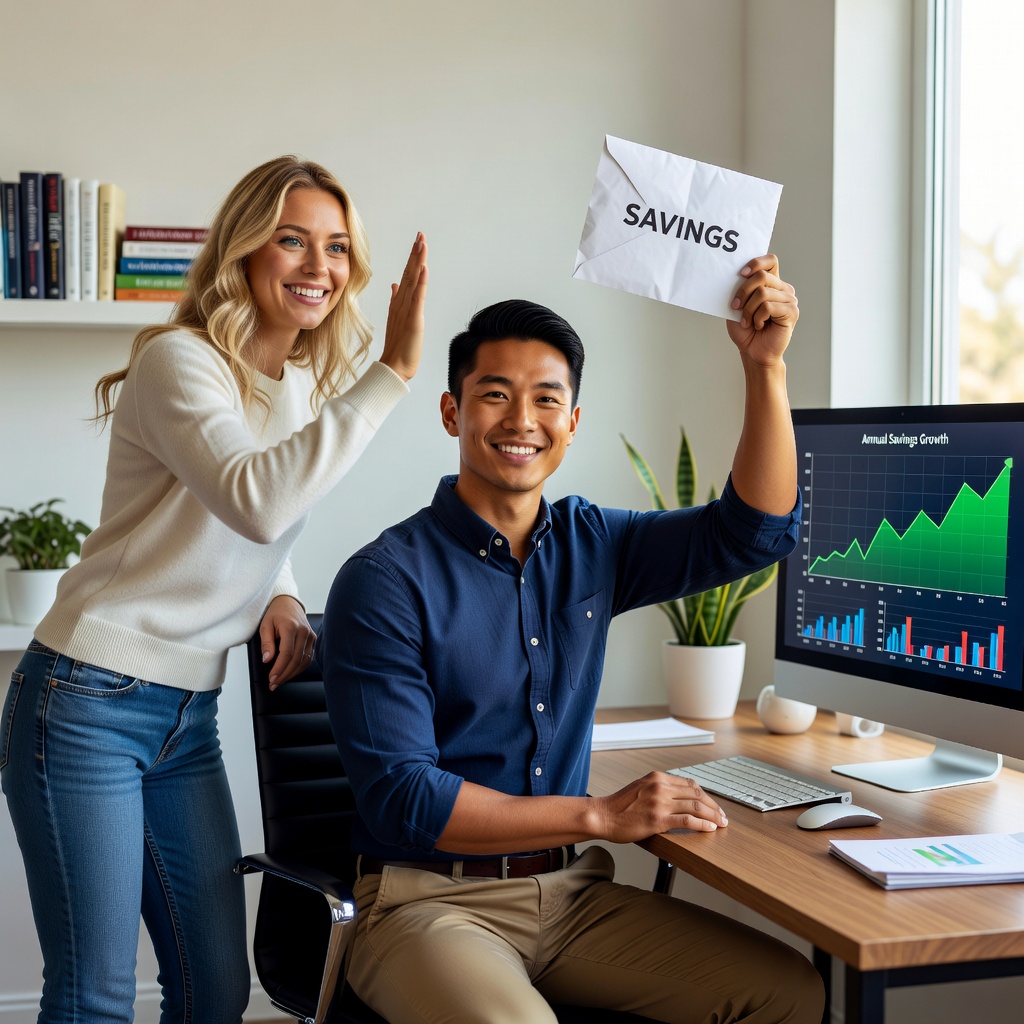 Healthy Asian man in home office, charting cash flow graphs on screen while holding an envelope of savings, cheerful White girlfriend high-fiving him.