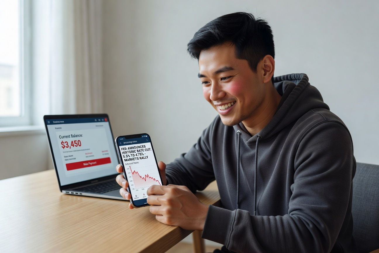 Young Asian man in modern apartment checking smartphone with Federal Reserve rate cut news, relieved expression, charts showing dropping interest rates on screen