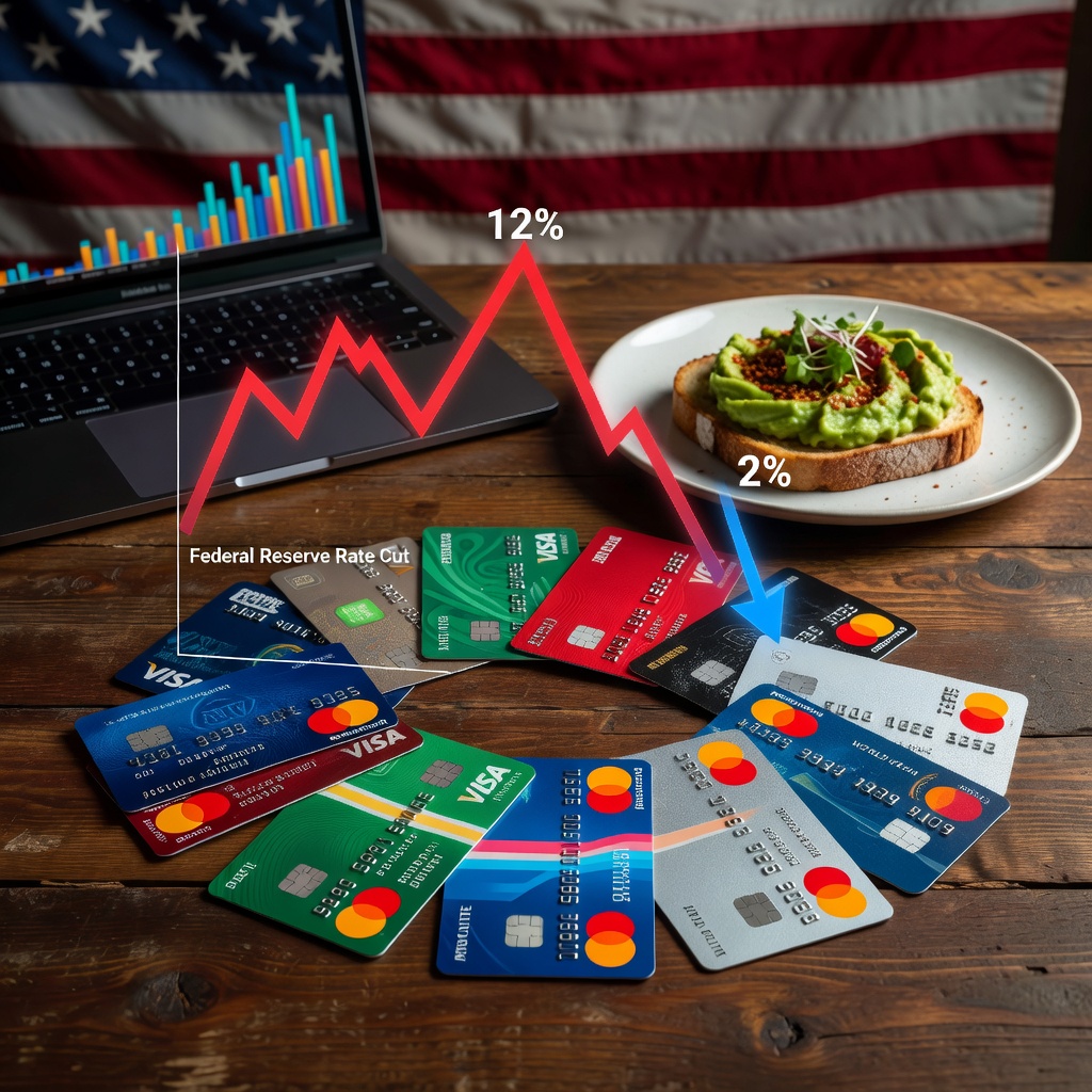 Stack of credit cards with rising then falling arrow graphs overlay, symbolizing interest rate fluctuations affecting millennial debt loads