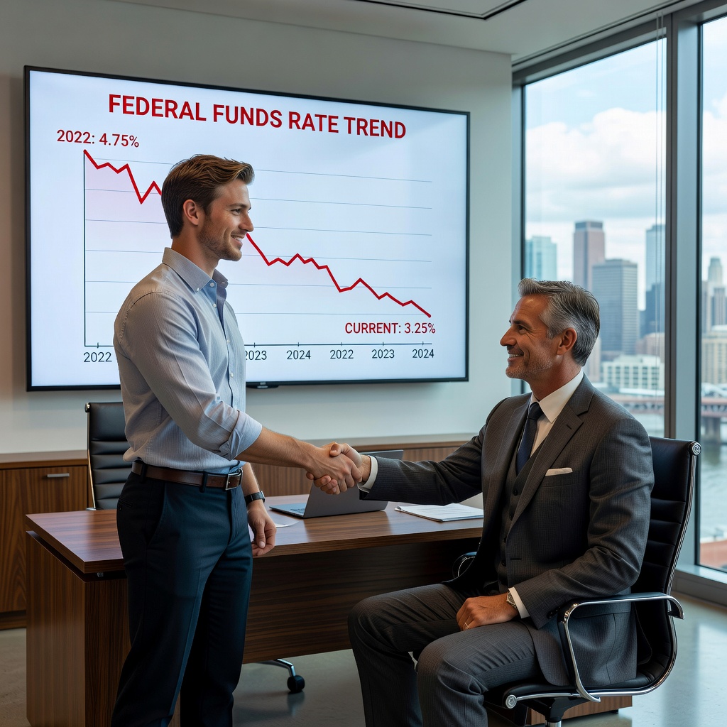 Graph of federal funds rate decline overlaid on young White male entrepreneur shaking hands with banker, office setting, symbolizing borrowing opportunities post-rate cut