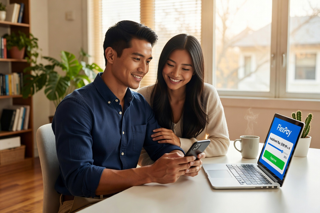 Young Asian entrepreneur checking BNPL app on phone with cheerful girlfriend smiling beside him in modern home office