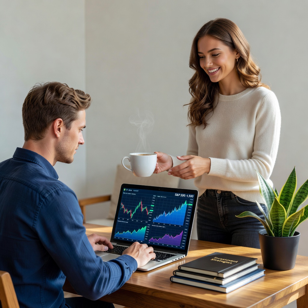 Healthy White man in 20s analyzing charts on laptop in cozy workspace, good looking cheerful girlfriend handing coffee