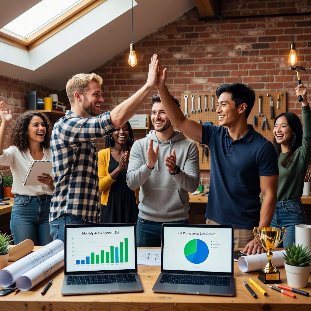 Group of healthy White and Asian men in 20s high-fiving in startup garage, cheerful good looking girlfriends cheering with laptops and charts
