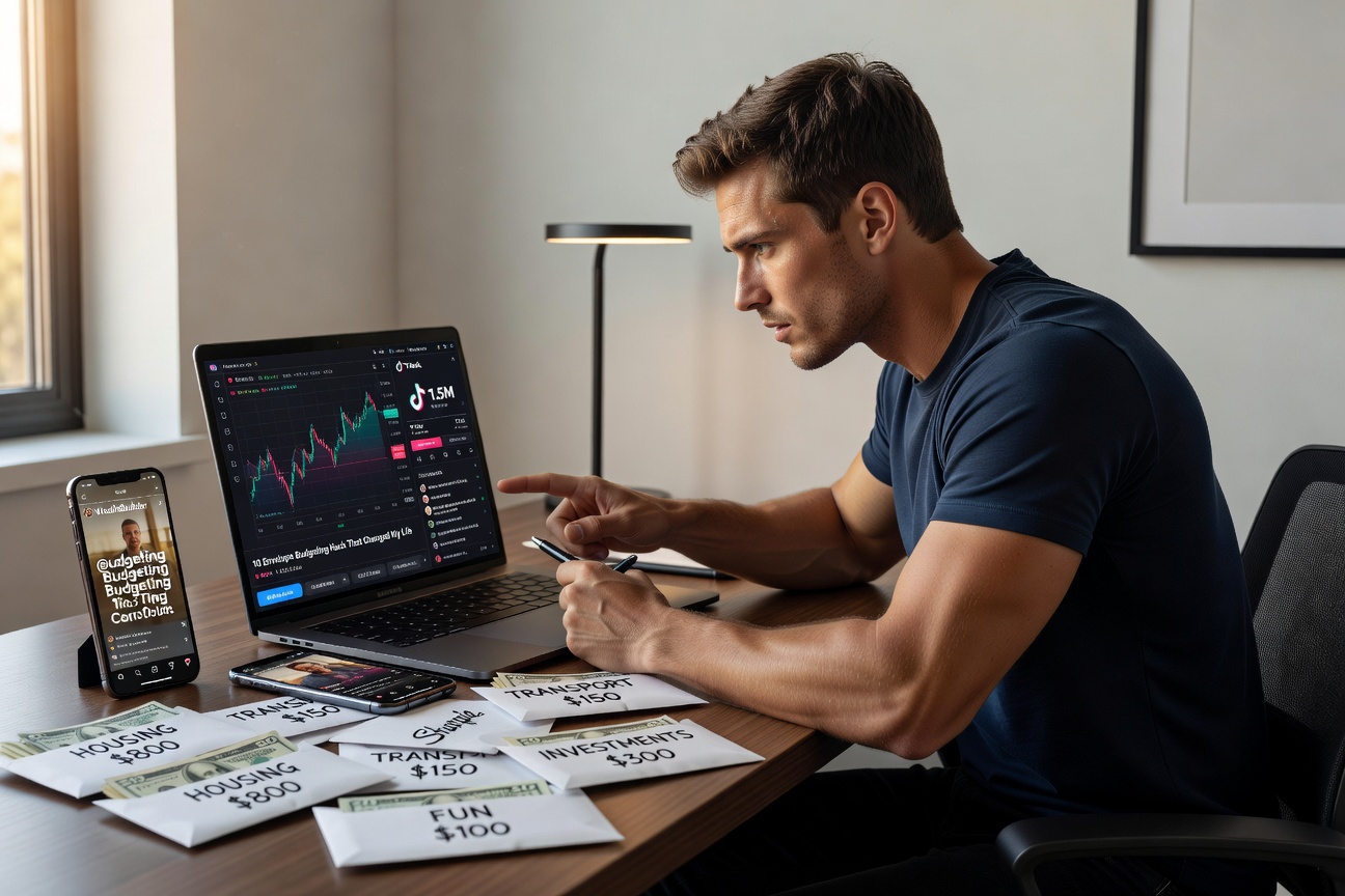 Young White man in his 20s scrutinizing financial app dashboards on a laptop amid stacks of cash envelopes, expression of dawning realization