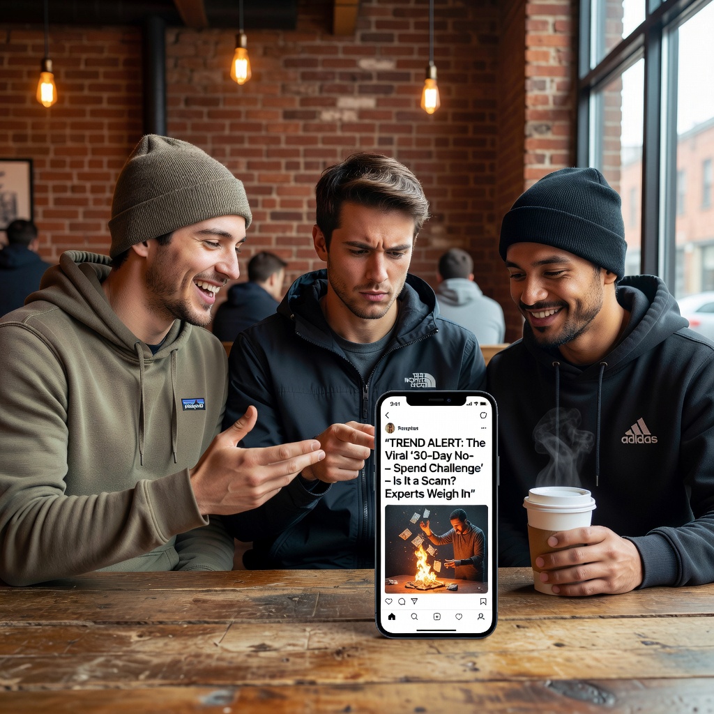Group of healthy Asian and White young men in casual attire huddled around a smartphone, pointing at viral saving videos with skeptical expressions