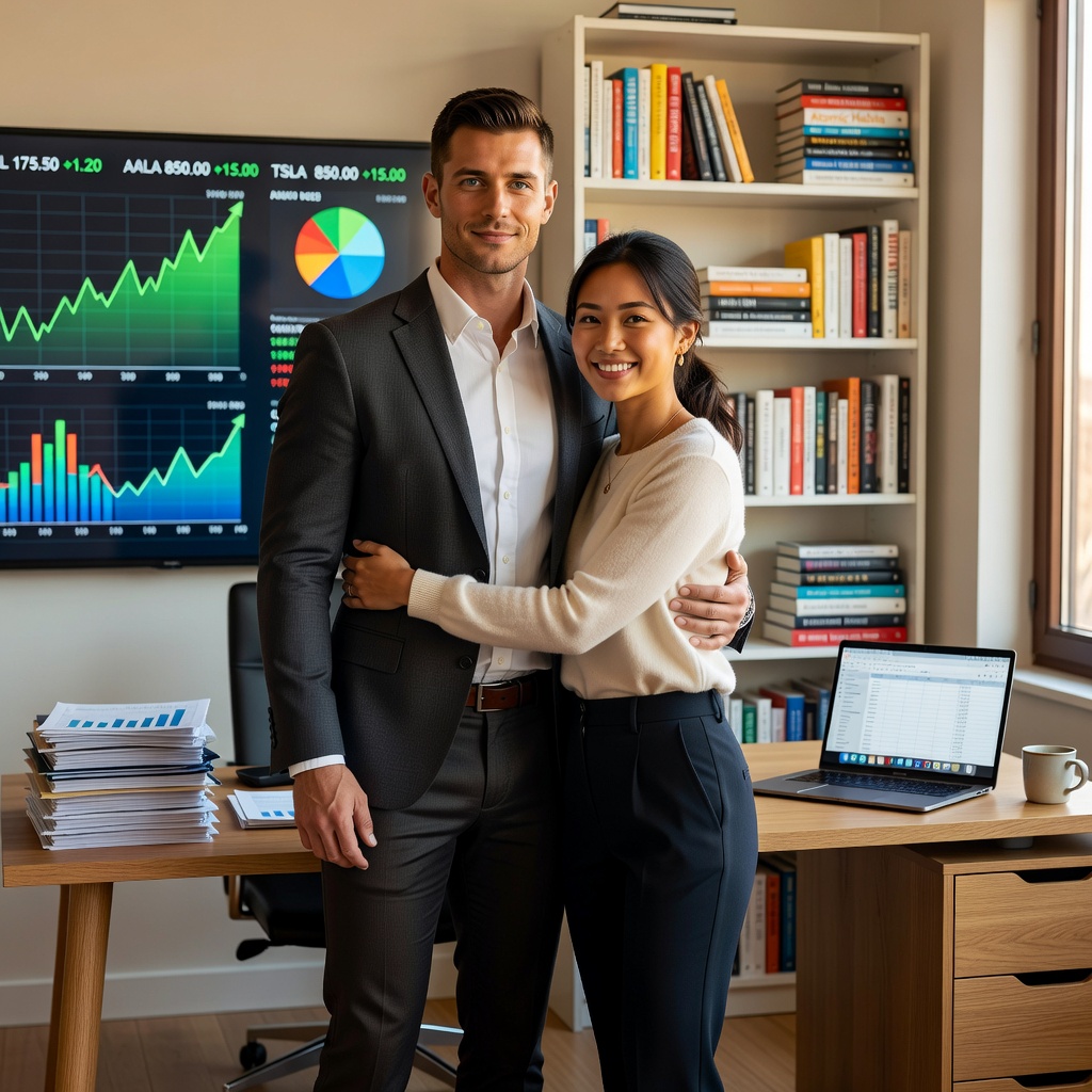 Confident White entrepreneur in 20s with cheerful Asian girlfriend reviewing investment charts on a wall of screens, stacks of books on entrepreneurship nearby