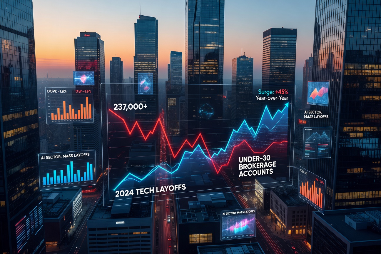 Graph showing 2024 tech layoffs spiking alongside young investor account openings