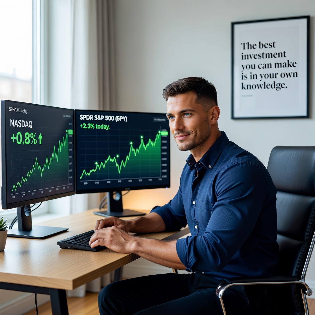 Young healthy White man in modern home office analyzing stock charts on dual monitors, looking determined and empowered