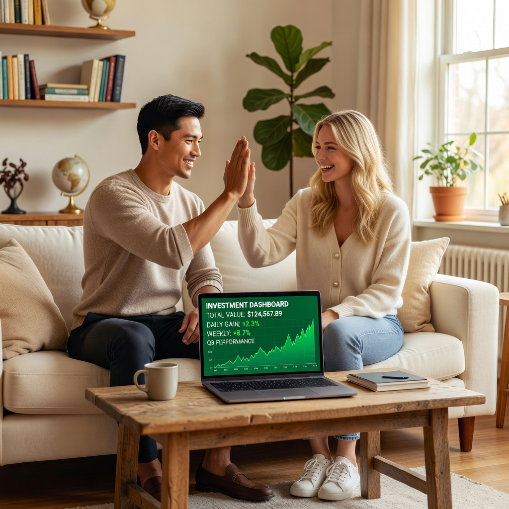 Healthy Asian man and his cheerful good-looking White girlfriend high-fiving over rising investment dashboard on laptop in cozy apartment