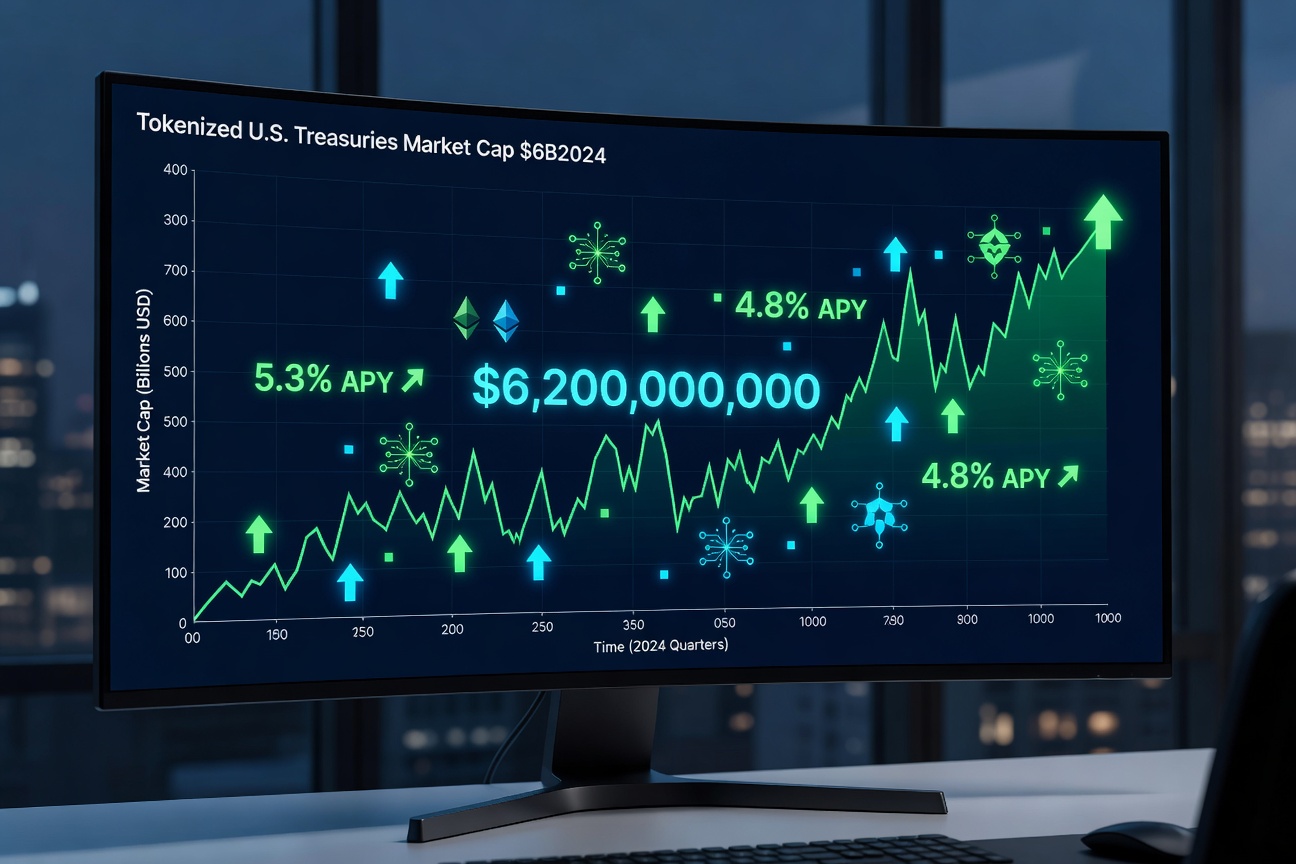 Explosive growth chart of tokenized U.S. Treasuries market cap surpassing 6 billion dollars in 2024