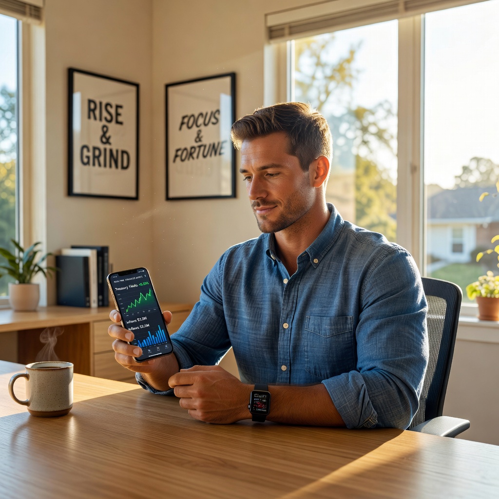 Young healthy White man in casual attire reviewing tokenized asset yields on a smartphone in a modern home office, surrounded by financial charts glowing on screens