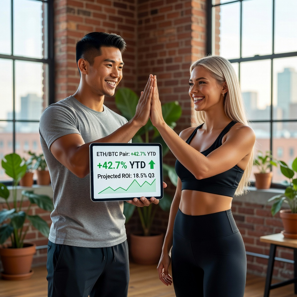 Healthy Asian man in his late 20s and his cheerful good-looking White girlfriend high-fiving over a tablet displaying tokenized investment dashboard in a vibrant urban loft