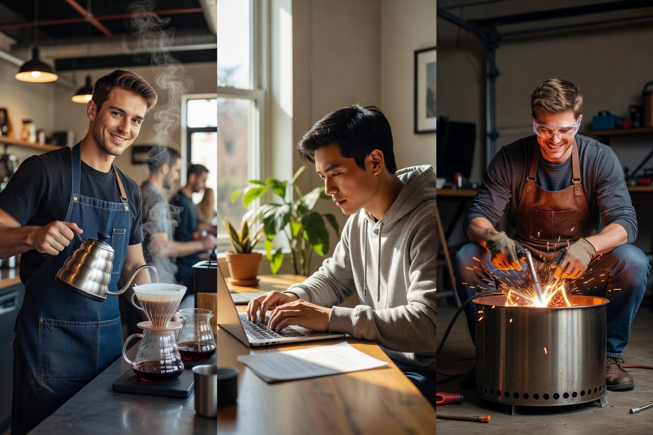 Three young men in everyday work settings: barista pouring coffee, coder at laptop, welder with sparks flying