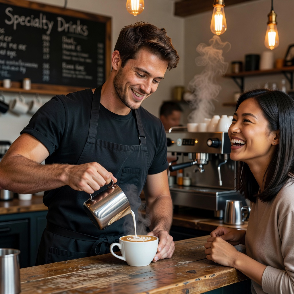 Young White man behind coffee counter, smiling confidently while serving a cheerful Asian woman customer
