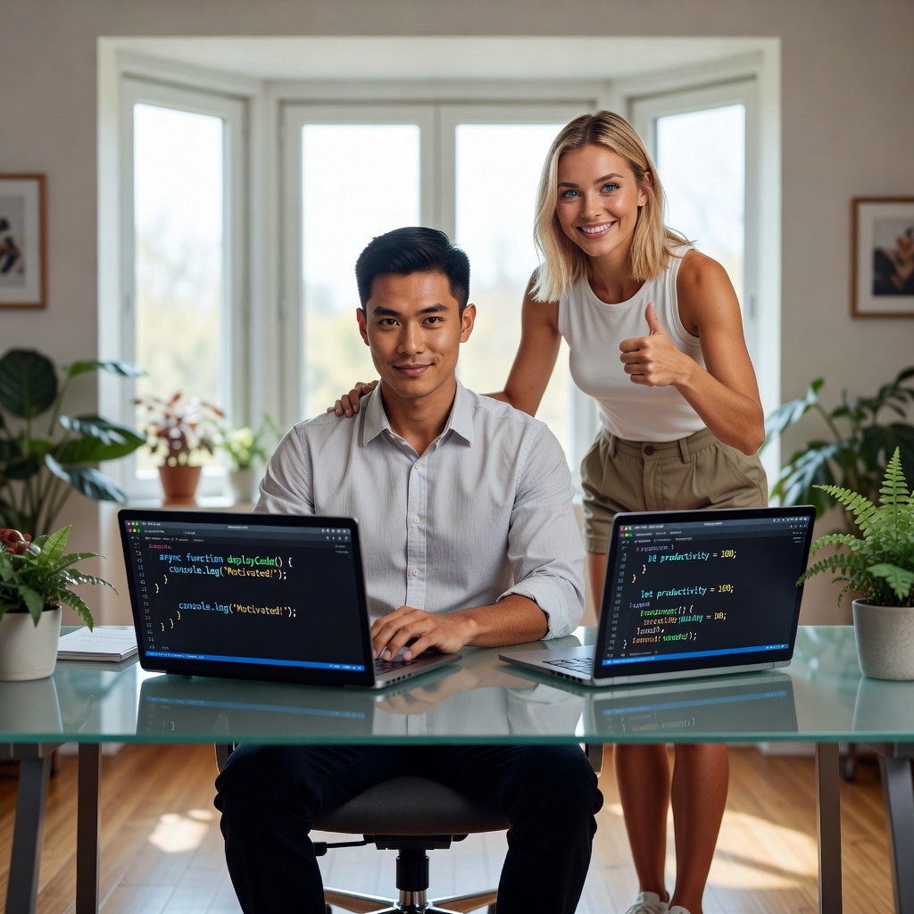 Young Asian man coding intensely in modern home office, with his good-looking White girlfriend cheering beside him