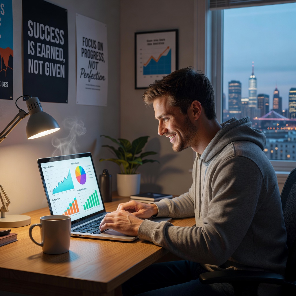 Young white man in casual attire, laptop open on a wooden desk cluttered with coffee mugs, intently analyzing colorful data charts on multiple screens